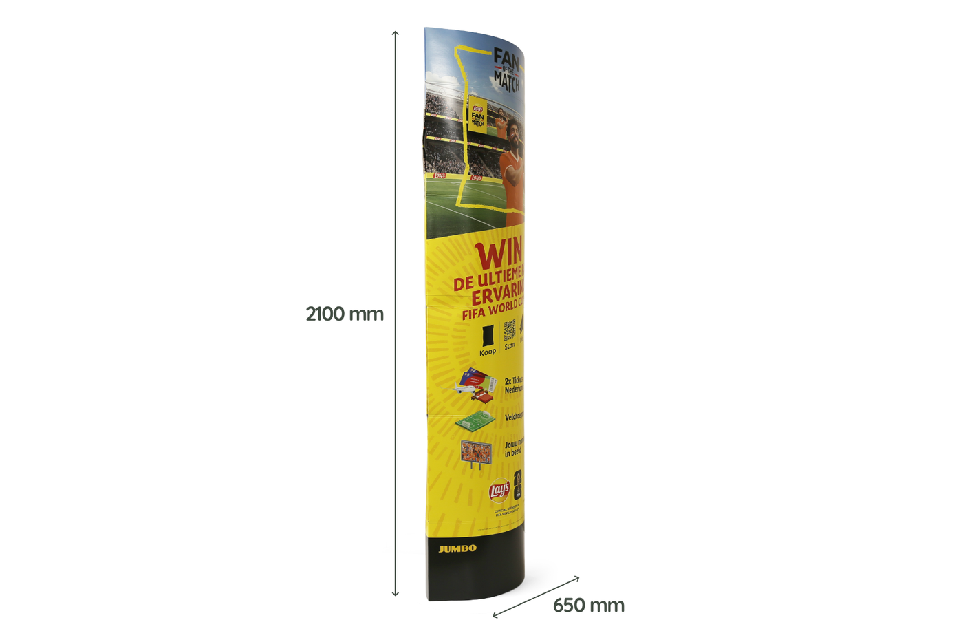 Kartonowa standy eliptyczne 650 x 2100 – widok z przodu po lewej pod kątem 45 stopni z wymiarami Kartonowa standy eliptyczne 650 x 2100 – widok z przodu po lewej pod kątem 45 stopni z wymiarami