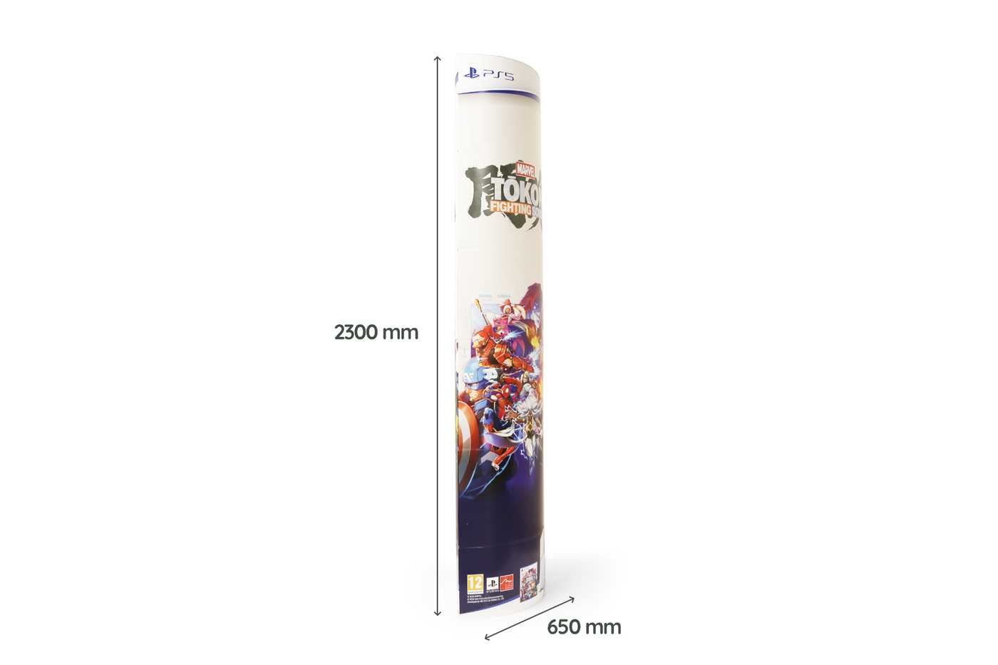 Kartonowa standy eliptyczne 650 x 2300 – widok z przodu po lewej pod kątem 45 stopni z wymiarami Kartonowa standy eliptyczne 650 x 2300 – widok z przodu po lewej pod kątem 45 stopni z wymiarami